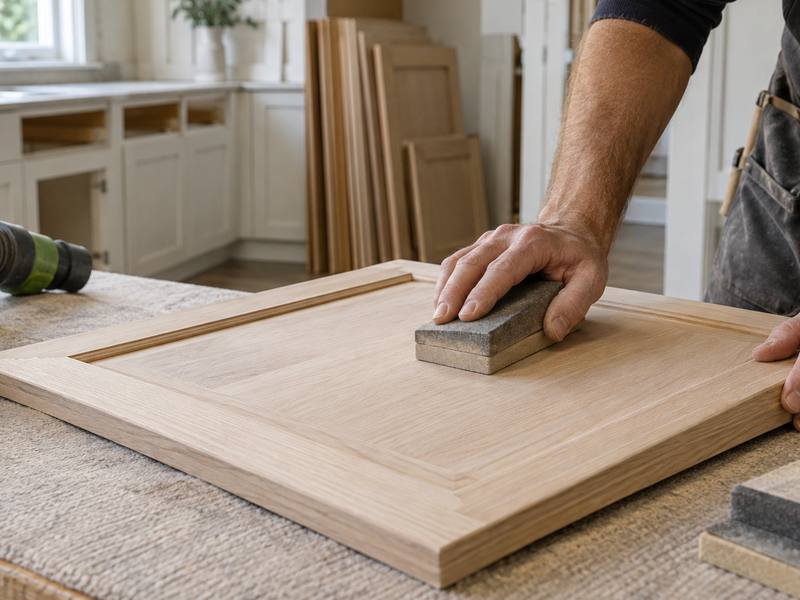 A hand sanding a cabinet door with a sanding block before the primer goes on.