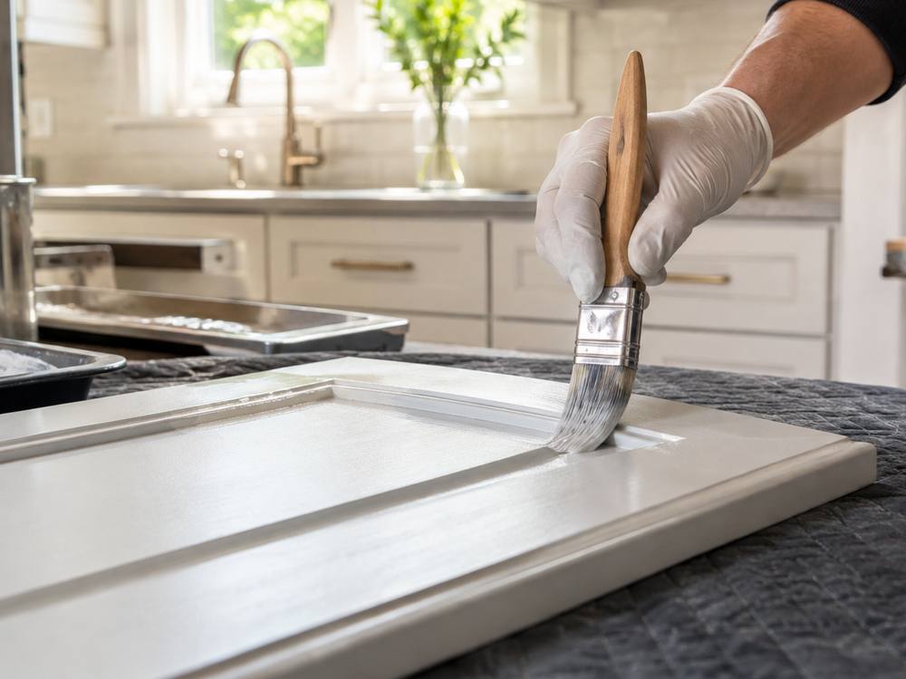 Gloved hand brushing white paint onto a raised-panel cabinet door laid flat