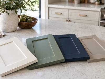 Three painted sample doors in green, navy and white laid across a counter.