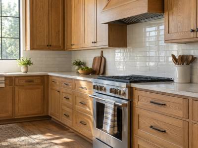 A golden oak kitchen photographed before cabinet painting began.