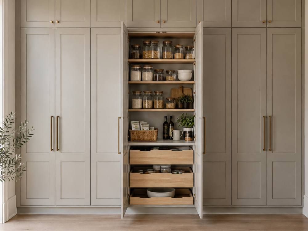 Tall greige pantry cabinets with one door open showing jars and pull-out drawers