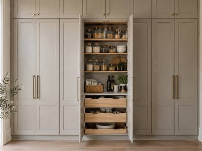 Light grey painted pantry cabinets with pull-out shelves inside.