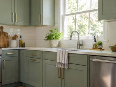 Sage green lower cabinets under white upper cabinets, finished with brass pulls.
