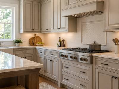 A close view of warm greige painted cabinet doors with small brass knobs.