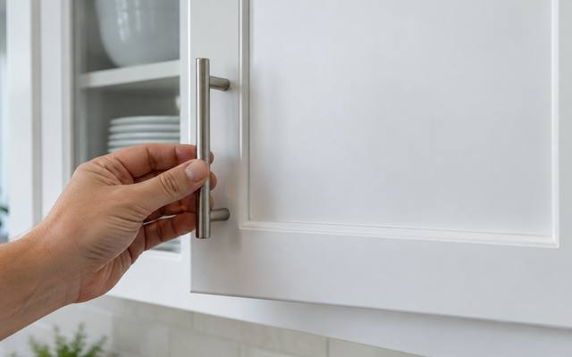 A hand checking the smooth sprayed finish on a white cabinet door.