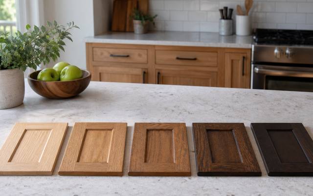 Stain sample boards laid out side by side on a kitchen counter.
