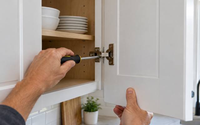 A hand adjusting a cabinet door hinge so the door hangs in line.