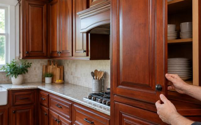 A cherry stained kitchen with raised panel doors and a warm clear finish.