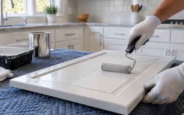 Gloved hands rolling white paint onto a cabinet door laid flat on a padded table.