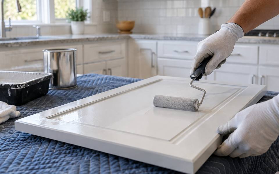 Gloved hands rolling white paint onto a cabinet door laid flat on a padded table.