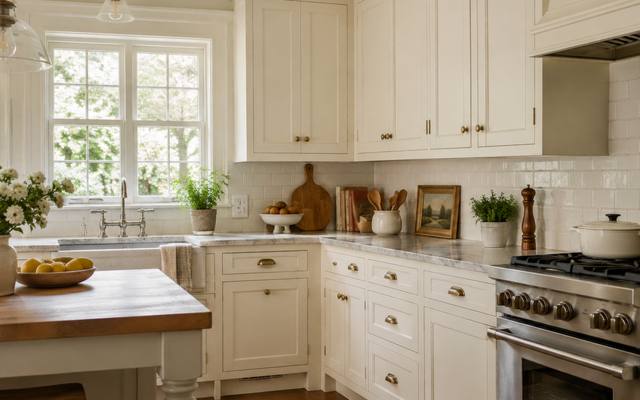 A cream painted cottage-style kitchen with wood countertops and open shelving.