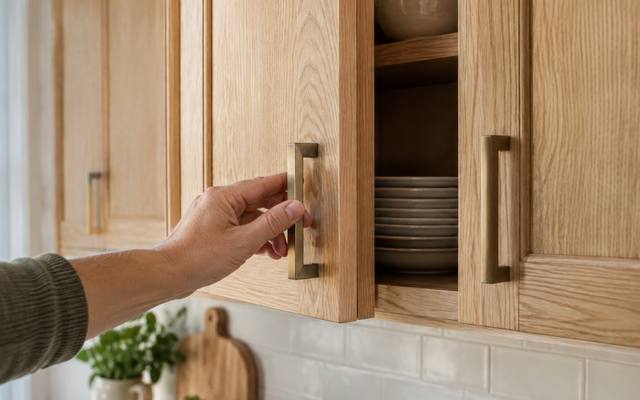 A hand resting on a white oak cabinet door showing the open grain.