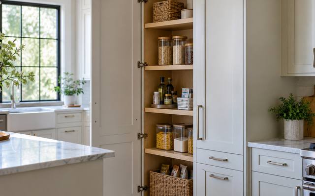 A pantry cabinet with open shelves and woven baskets on each shelf.