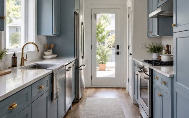A blue-grey painted galley kitchen in a London rental unit.