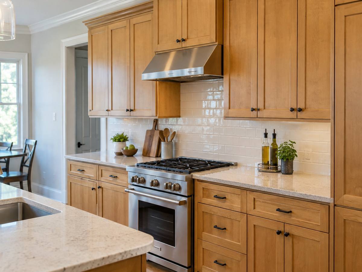 A honey maple kitchen of the kind London Cabinet Painting is often asked to paint.