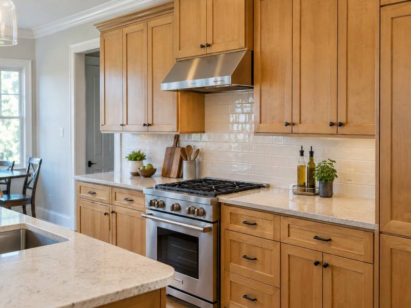 A honey maple kitchen of the kind London Cabinet Painting is often asked to paint.
